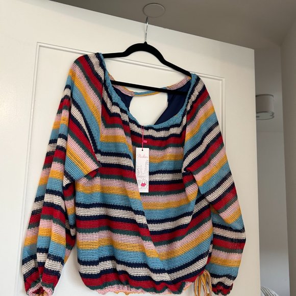 Parker Felicia Off Shoulder Top Sz L Multicolor Stripes Knit Balloon Sleeves - Picture 5 of 9
